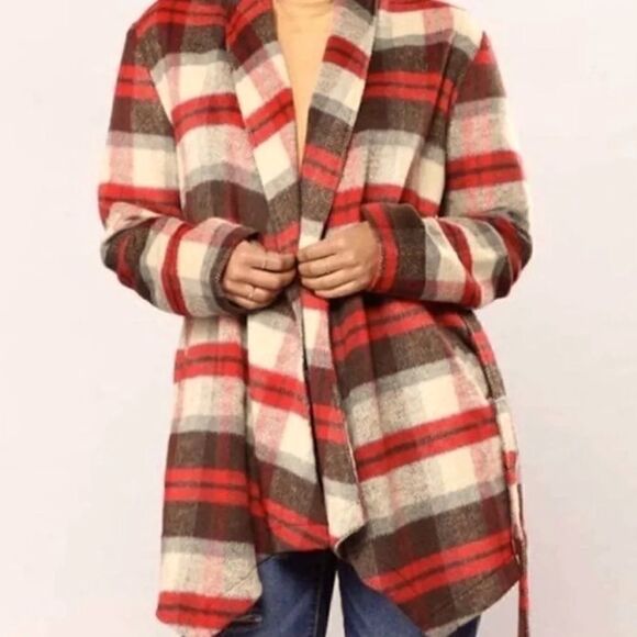 Fashion Nova Wool Red & Tan Plaid Flannel Coat Size Small - Picture 1 of 14